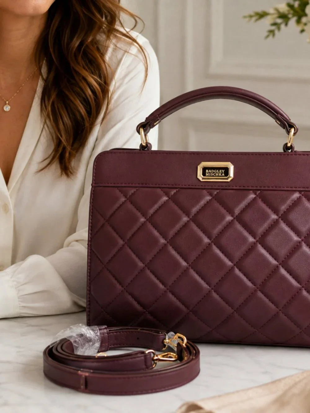 Badgley Mischka Quilted Mini Tote Bag Plum Vegan Leather NWT $179 MSRP